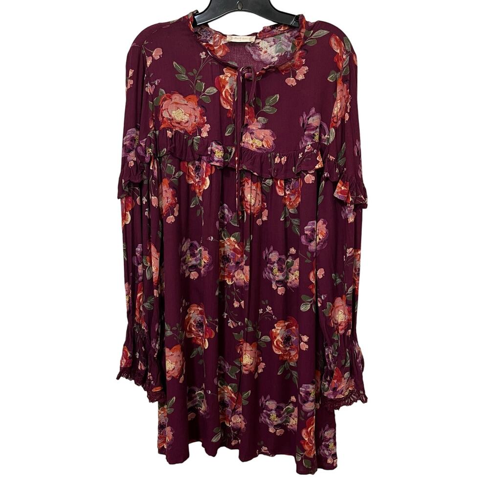 Altar'd State Romantic Dress Large Ruffles‎ Lace Floral Burgundy/ Orange/Purple